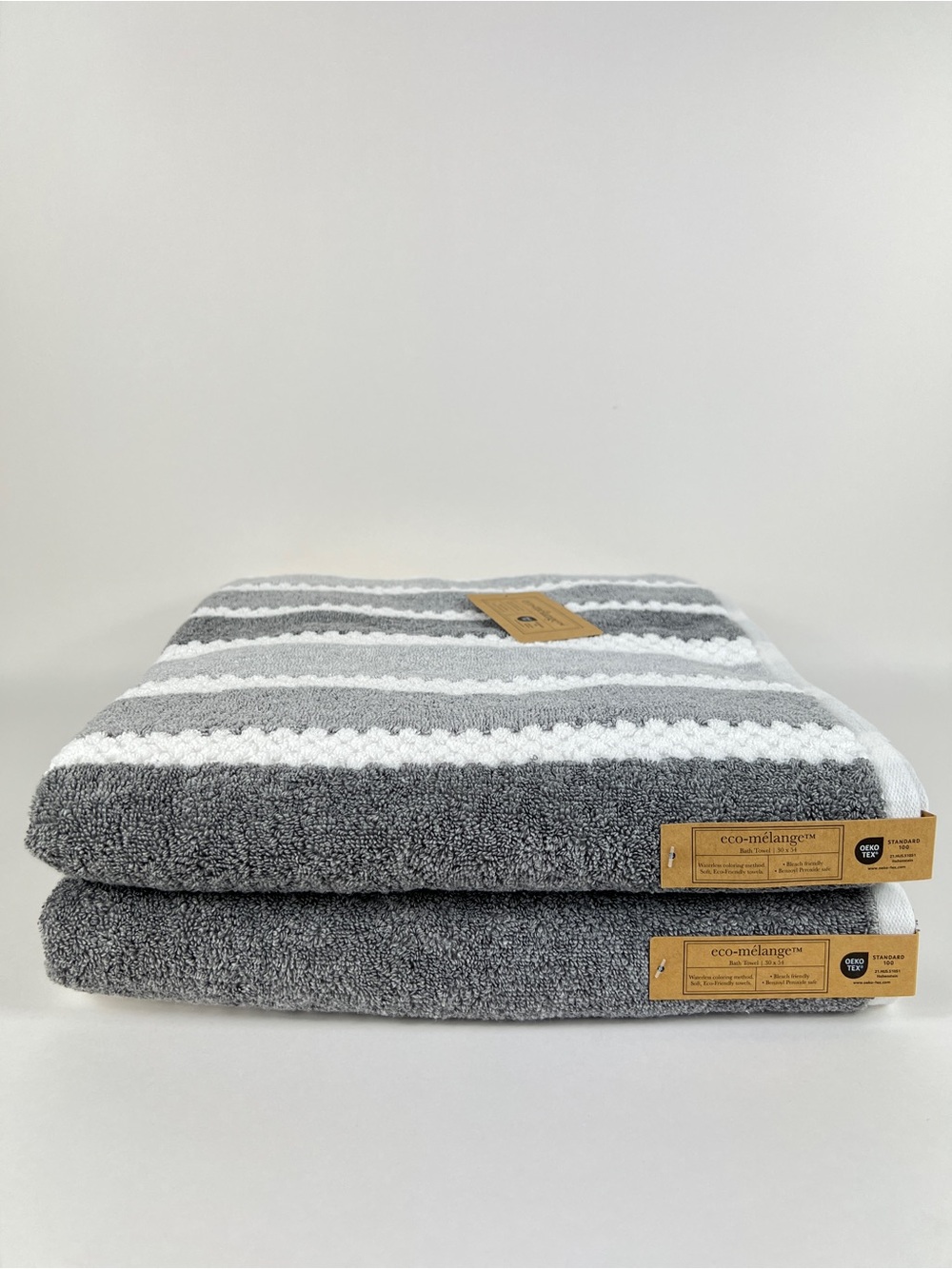 Eco Melange Bath Towels Gray White Striped Soft Plush 100% Cotton 3 Pc NEW